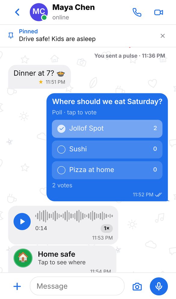 A Fanelio conversation with a poll and a voice message